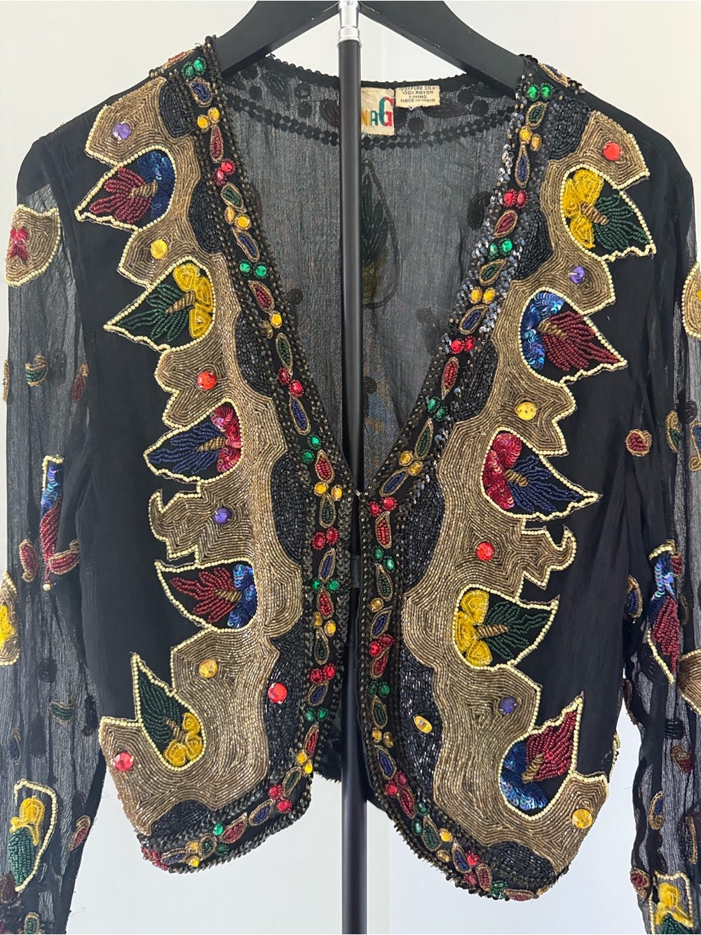 Gina G Black Silk Beaded Sequin Jacket Gold Paisley Statement Bolero - Picture 2 of 5